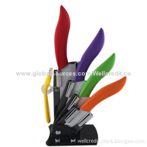 5-piece colored ceramic knife set with acrylic block